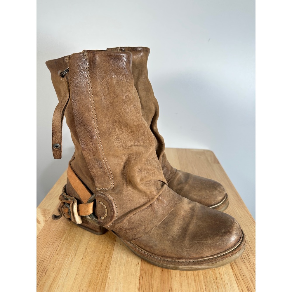 A.S.98 Distressed Brown Leather Slouchy Harness Studded Boho Ankle Boots US 7.5